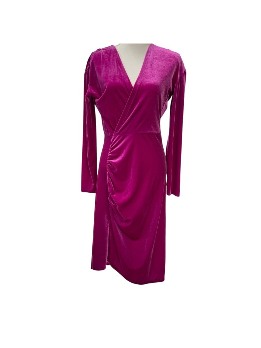 Atlein Velour Ruched Long-Sleeve Magenta Velvet Faux Wrap Dress Size Large